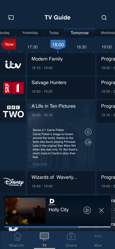 Early prototype: tomorrow view with program info panel